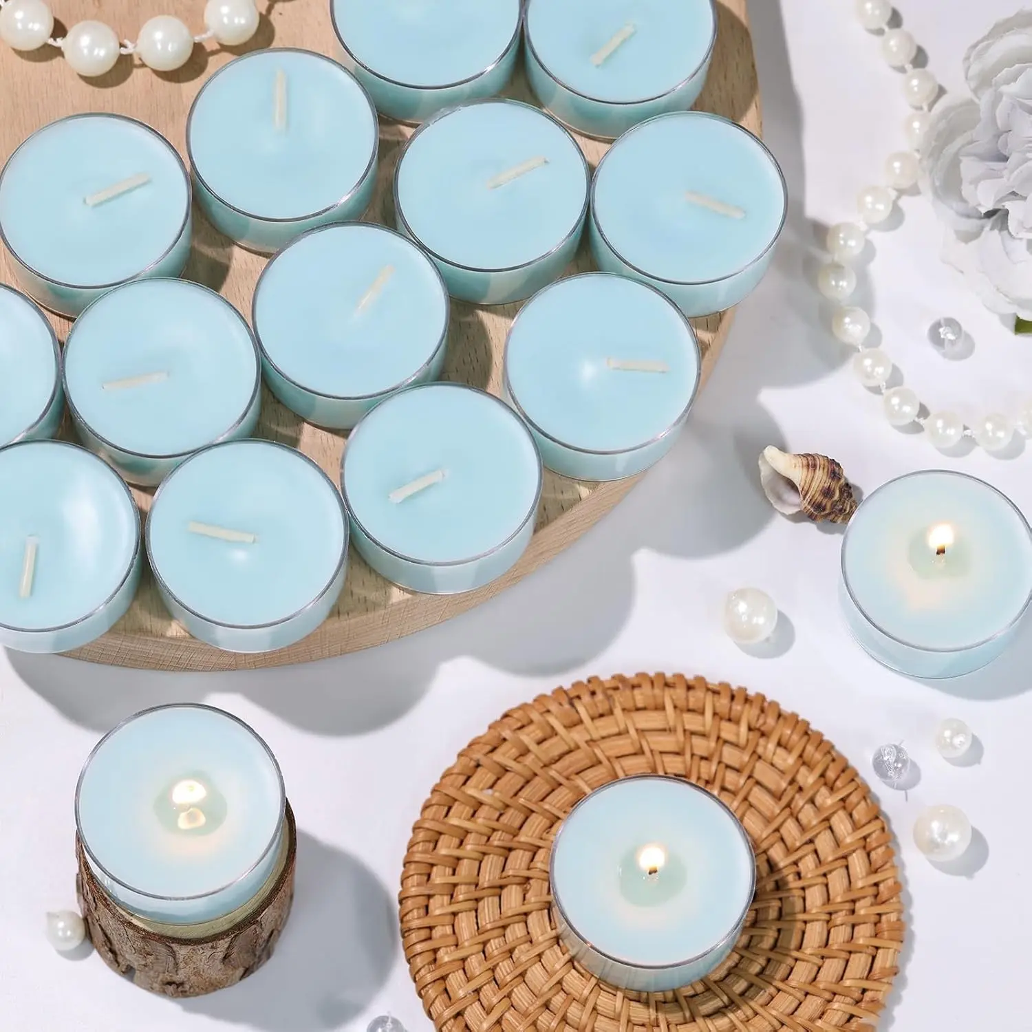 16Pcs Ocean Scented Tealight Candles | 4H Blue Soy Tea Lights | Home Decor