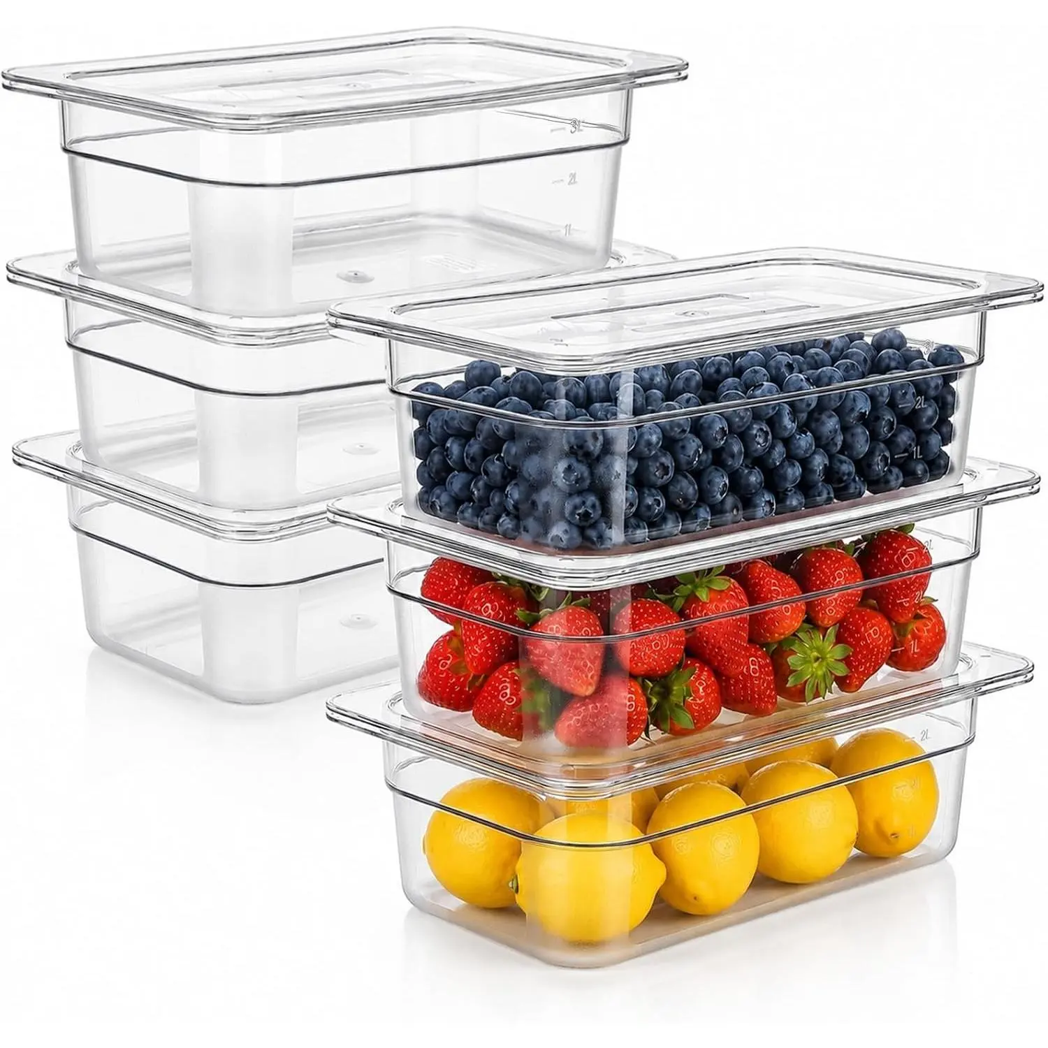 6 Pack Plastic Clear Food Pans with Lids, 1/3 Size 4 Inch Deep Stackable Commercial Polycarbonate Pans for Kitchen Restaurant Food Prep, Freezer-Safe
