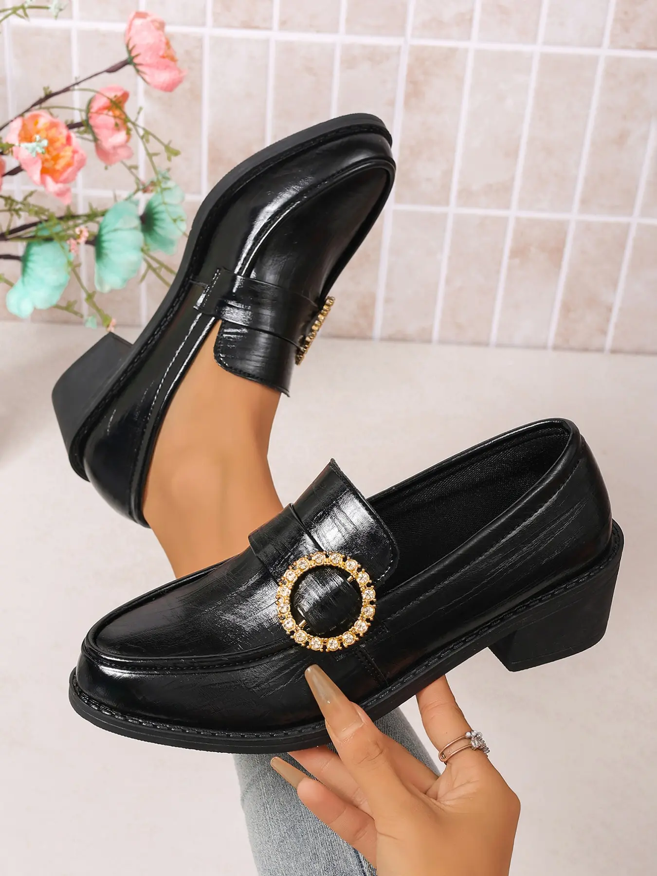 Fall Winter Pleated Leather Loafers, Rhinestone Ring Buckle, Comfortable Heeled Shoes, Perfect for Office & Casual Wear