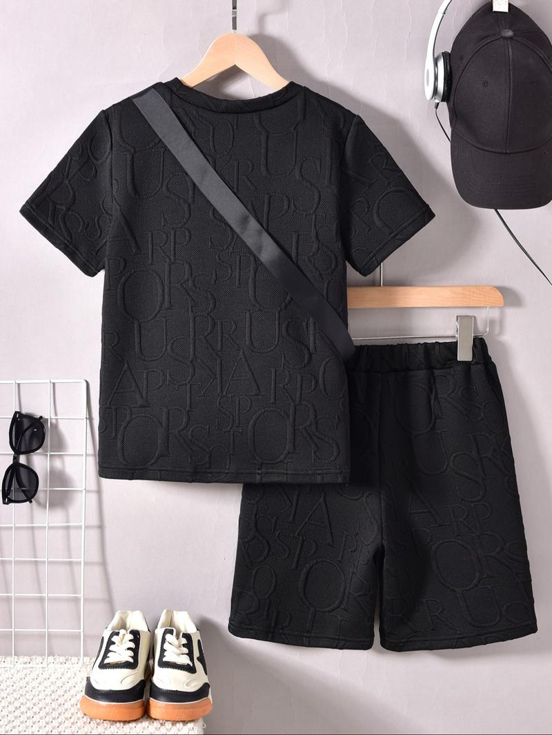 Three-piece Set Boy's Letter Pattern Co-ord Set, Casual Short Sleeve T-shirt & Shorts & Crossbody Bag, Summer Clothes for Kids