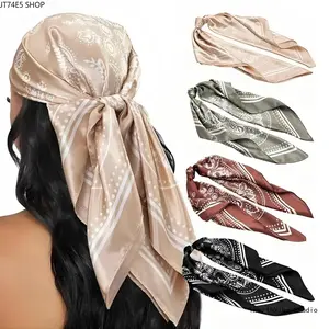 Women’s 4-Piece Boho Floral Satin Headscarf Set, 35 Inch Silk-Like Turban Wraps, Multi-Use Adjustable Scarves for Hair & Neck Decor