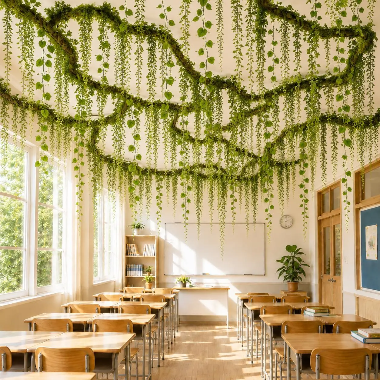 35 Pcs Artificial Bendable Vines Branches Decoration, Jungle Theme Decor| Faux Jungle Decoration Set with Hooks and Hanging Line, Branches Vines Wicker Fake Moss for DIY Classroom Wall Ceiling