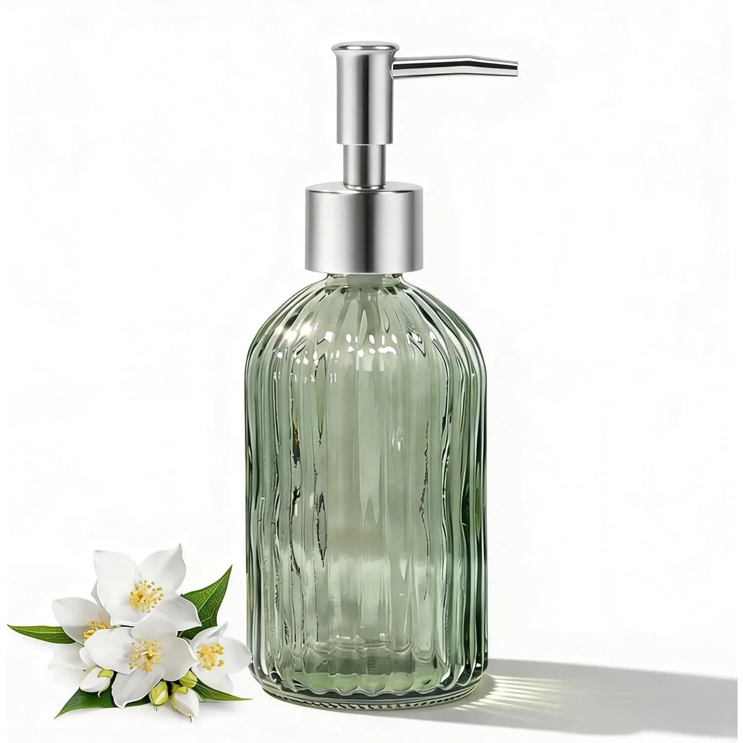 Green Glass Soap Dispenser for Bathroom and Kitchen, 14 Oz Refillable Liquid Hand soap Dispenser with Silver Plastic Pump, Clear Small Striped Style Modern Vintage Liquid Soap Dispensers Bottle