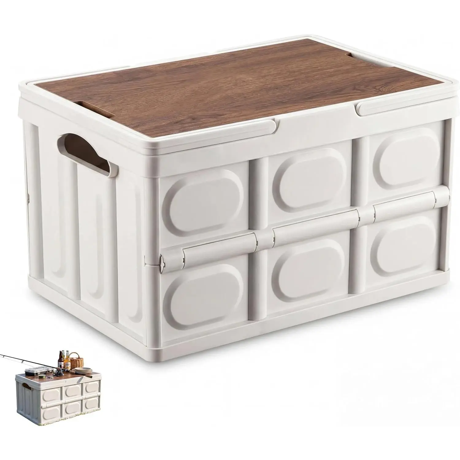 MeToMe Lidded Home Storage Bins 30L/7.9Gal Collapsible Camping Box, Food Storage for Camping, Stackable with Handles & Wooden Lid for Home Organizing