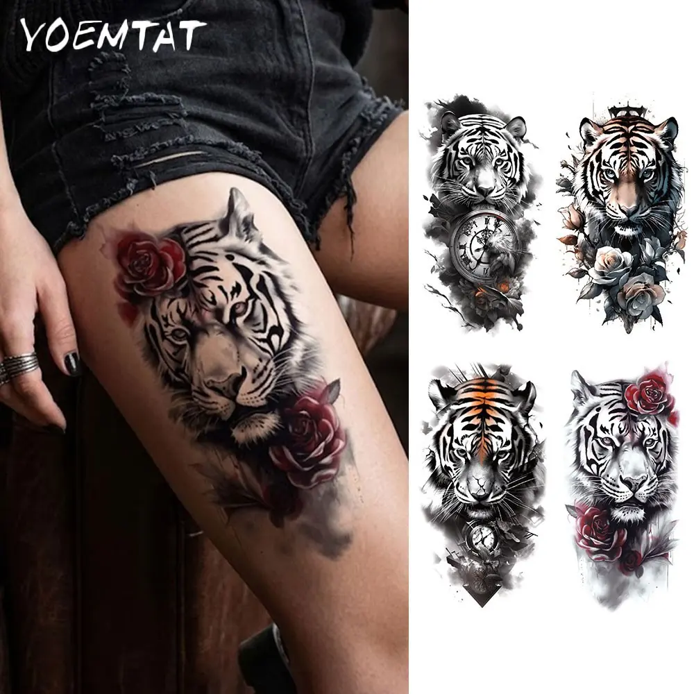 4pcs Tiger Animal Totems Waterproof Temporary Tattoo Sticker Black Tiger with Vintage Clock & Red Rose Pattern Body Art Arm Fake Tattoos Sleeve For Women Men Adults Forearm, Thigh, Chest, Party Cosplay Body Decor