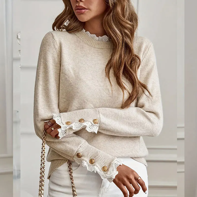 Women’s Lace Patchwork Knit Sweater, Vintage Crew Neck Long Sleeve Pullover Top, Elegant Feminine Casual Streetwear Sweater for Fall Winter