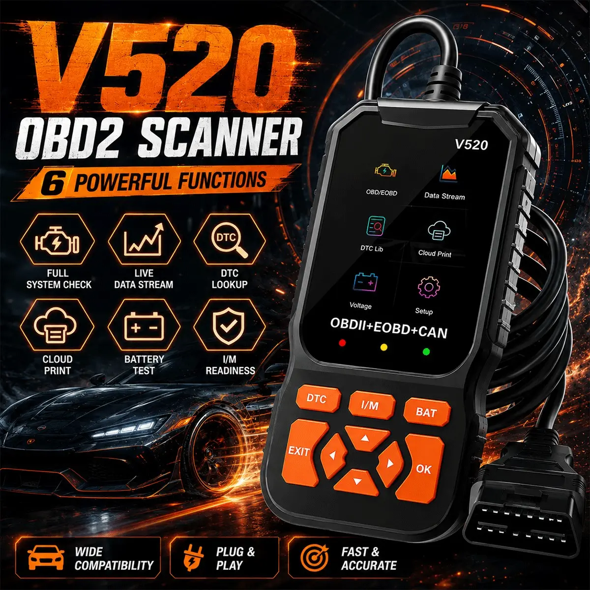 V520 Car Diagnostic Scanner Obd2 Code Reader, Read & Clear Engine Fault Codes, Real-Time Data Stream Display, Battery-Free Auto Repair Tool, Vehicle Diagnostic Tool