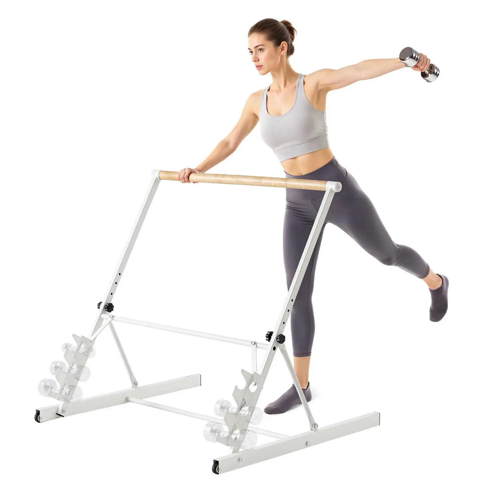 VEVOR Foldable Freestanding Portable Ballet Barre, 3 ft Steel & Wood Home Fitness Equipment, 4-Level Height Adjustable, Easy-to-Store for Abs & Arms Strength Training