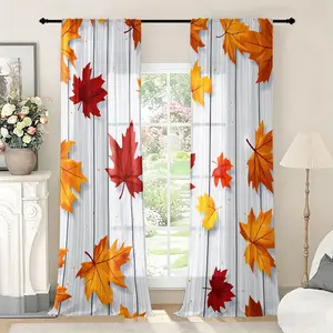 2-Piece Fall Leaf Curtains, Thanksgiving Drapes, Print, Light Filtering, Living Room Bedroom Kitchen Office, Seasonal Decor Gift
