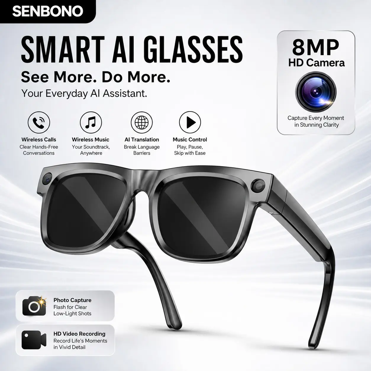 SENBONO Smart Shooting Glasses with 8mp Camera, HD Photo and Video, Bluetooth-compatible Connection, Ideal for Outdoor Sports and Vlogging