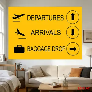 Tapestry Featuring a Pattern of Airport Signs, Including Departures, Arrivals, Baggage Drop, And Directional Arrows. It Serves As Wall Decor for Various Spaces Like Bedrooms, Living Rooms, Meditation Areas, Offices