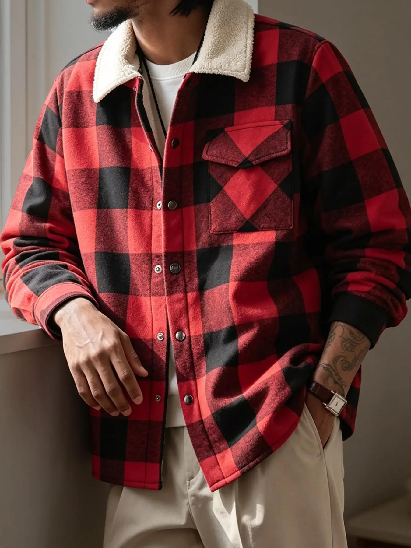 Men Autumn‑Winter Red Black Buffalo Plaid Sherpa Fleece Collar Shirt Jacket, Casual, Lapel Collar With Soft Sherpa Lined Trim, Snap Button Front Closure, Single Chest Patch Pocket, Long Sleeve Button‑Cuff Design, Loose Shacket Overshirt
