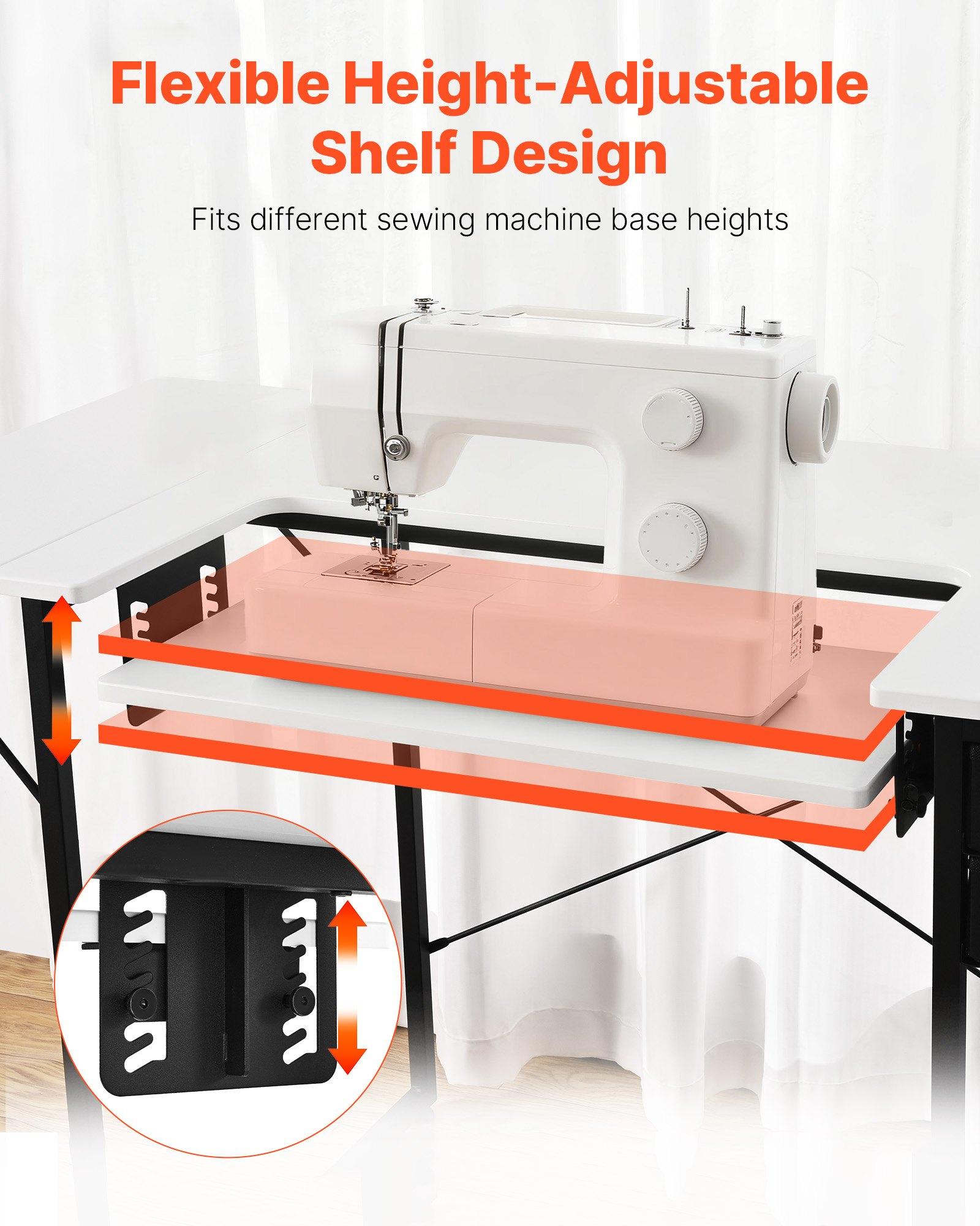 VEVOR Sewing Table, Multipurpose Sewing Machine Table with Foldable Side Shelf, Adjustable Shelf, Steel Legs, Computer Desk for Home, Fashion Studio, Art Studio, Educational Institution, White