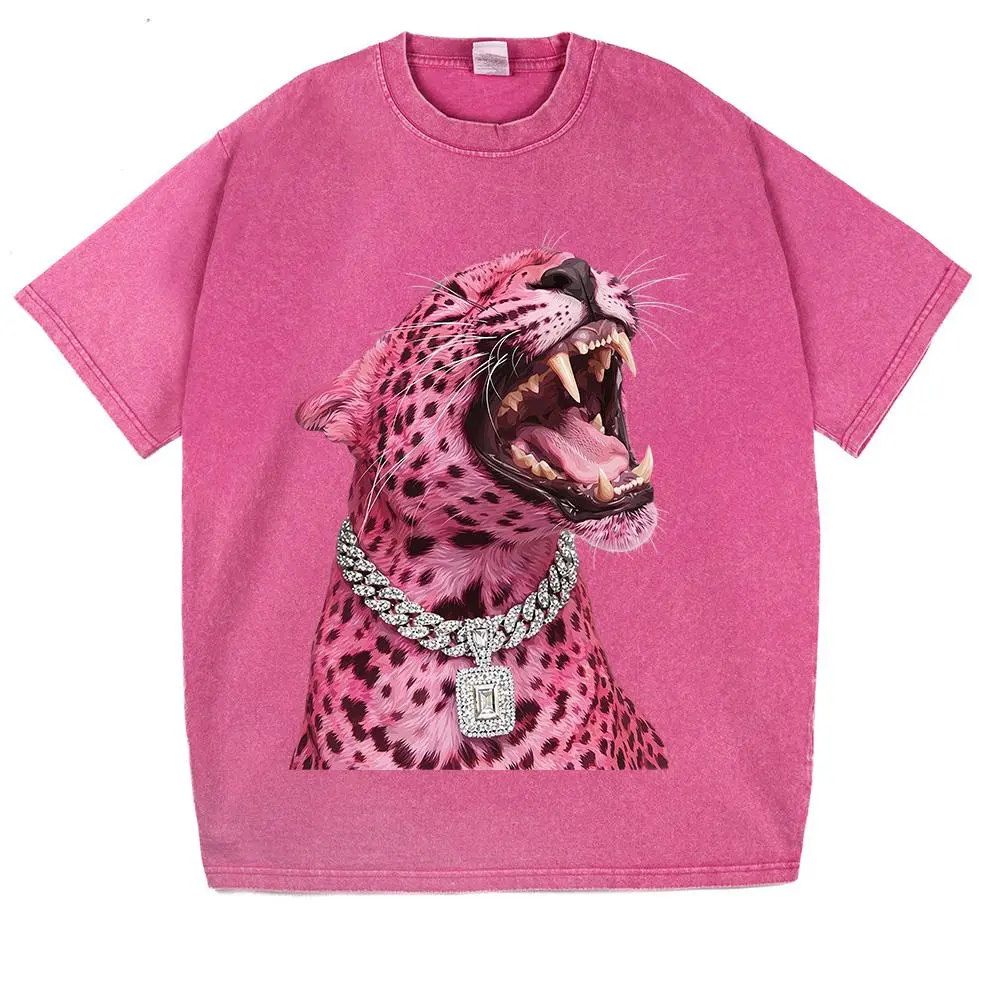 Women's Preppy Vintage Pink Roaring Cheetah & Full-Diamond Chain Print Washed Short-Sleeve Graphic T-Shirt, Women's Tops, Vintage Shirts