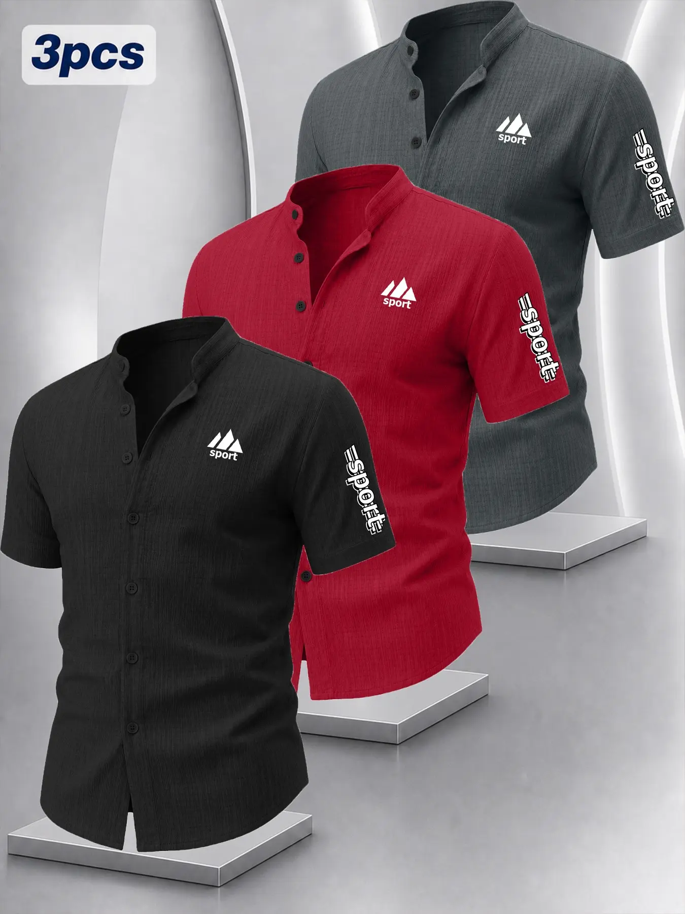 Men’s 3pcs Sport Graphic Short Sleeve Shirt Set, Textured Mandarin Collar, Slim-Fit, Casual & Vacation Wear, Easy-Match Value Pack