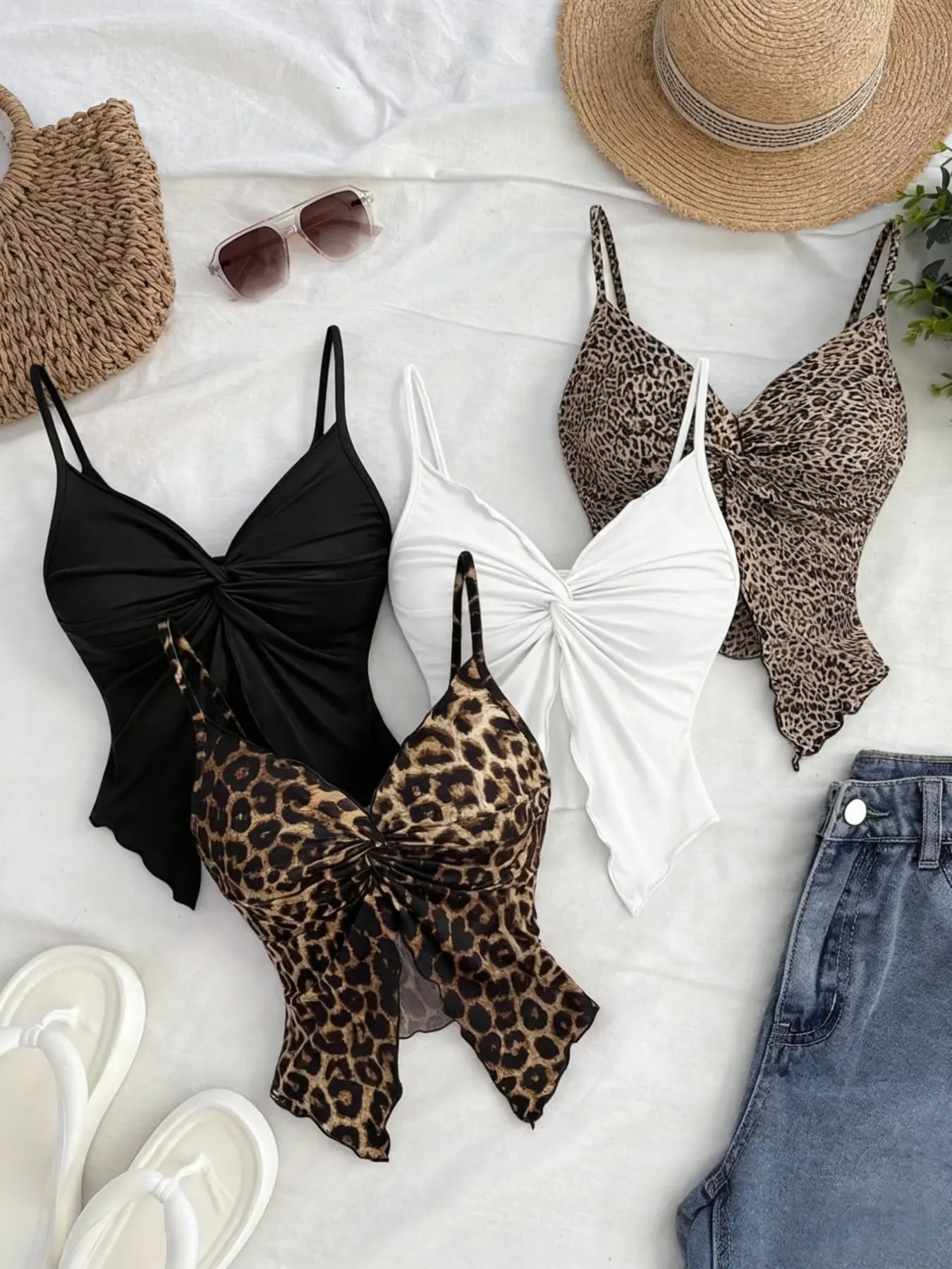 Summer Comfortable Daily Leopard Print Tank Top Set, Adjustable Straps, Fitted Style, Casual Wear, Four-Piece