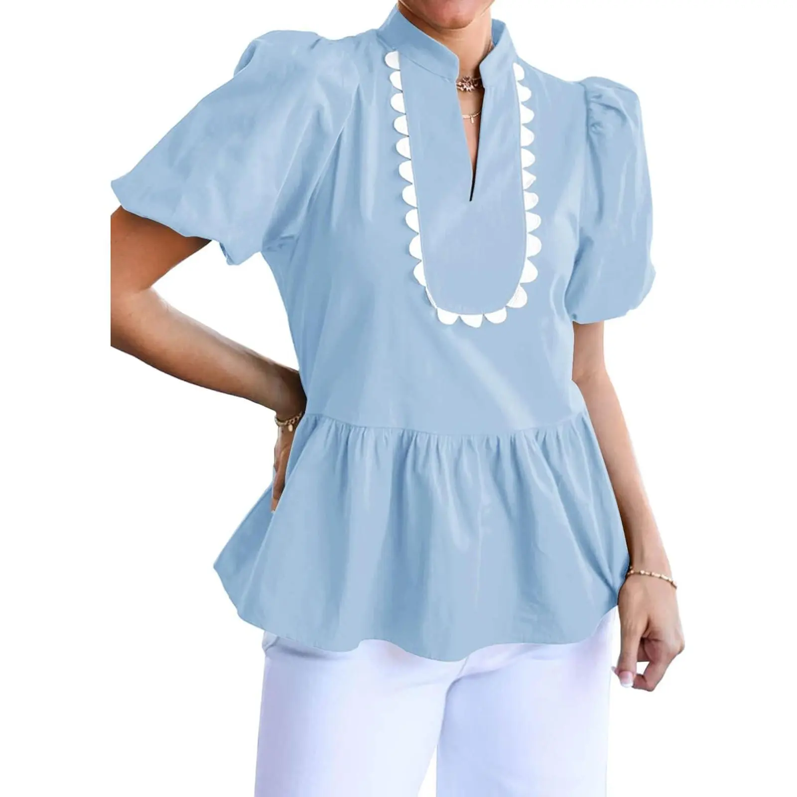 Cicy Bell Women's Puff Sleeve Peplum Blouse - Ruffle V-Neck, Short-Sleeve Option, Fitted & Loose Fit, Dress Casual, Going Out & Office OOTD Summer Babydoll Top, Shortsleeve, Soft Cotton