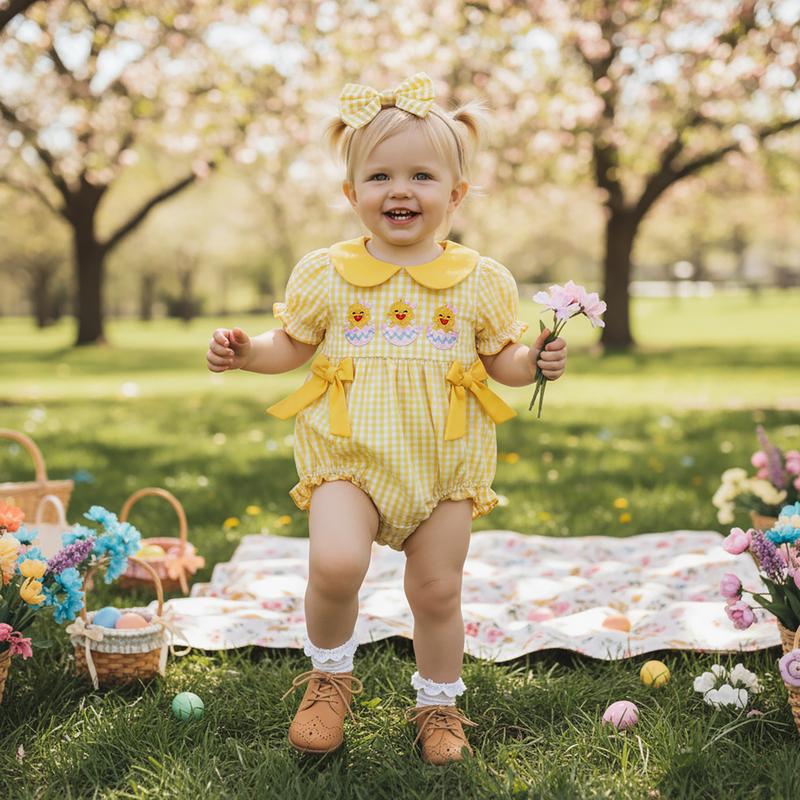 Baby Girl Easter Outfits Short Sleeve Chick Embroidery Romper with Headband Set Newborn Clothes