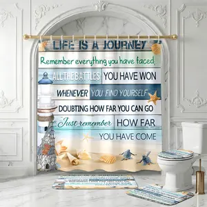 4pcs Coastal Lighthouse Shower Curtain Set with Uplifting Inspirational Quote “Life Is A Journey” Beach Themed Bath Mats Starfish Shell Sea Turtles Nautical Decor for Relaxing Ocean Bathroom Sanctuary