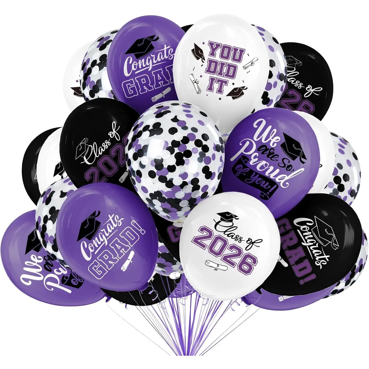 2026 Purple & Black Motivational Graduation Decorations Pack - 63 Pcs with 7 Unique Patterns, Latex Balloons with Ribbons, Cap Designs, Congrats Grad Caps, Photo-Ready College Party Supplies for Party Space, Slogan