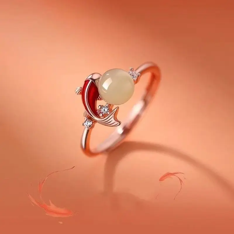 Adults' S925 Silver Koi Fish Band Ring - 1 Piece, Classic, Vintage Classic, Chinese Vintage Elegance, Modern Minimalist Appeal, Round Pearl Accent, Sports & Outdoor Accessory, Finger Ring, Sleek Band