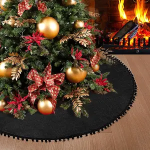48 inches Black Soft Double Layer Burlap Christmas Tree Skirt with Pom Pom for Rustic Christmas Halloween Decorations