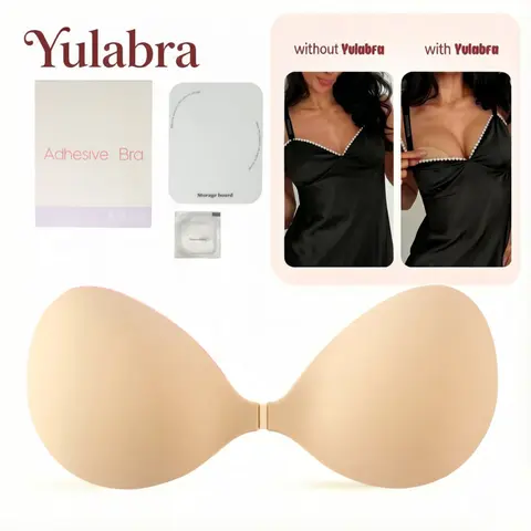 Yulabra Women's Solid Light Push Up Silicone Adhesive Bra - No Underwire, Sticky, Adaptive, Invisible Strap, Waterproof, Sweat-Proof, Reusable, Removable Padding, Cup Format, Includes Storage Board (Bras for Women), No Underwire Bras