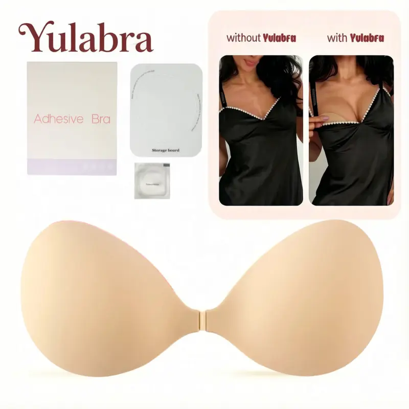 Yulabra Women's Solid Light Push Up Silicone Adhesive Bra - No Underwire, Sticky, Adaptive, Invisible Strap, Waterproof, Sweat-Proof, Reusable, Removable Padding, Cup Format, Includes Storage Board (Bras for Women), No Underwire Bras