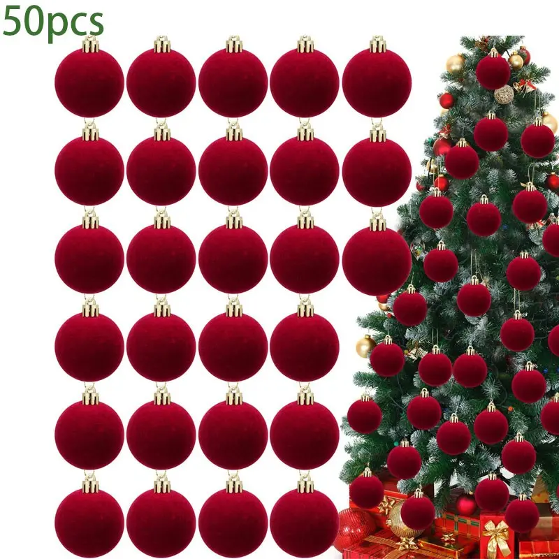 50pcs Burgundy Velvet Christmas Balls, Perfect Home Decor Tree Ornaments, Durable Plastic Hanging Decorations for Holidays and Weddings