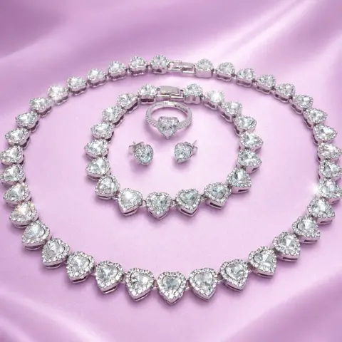 5-Piece Heart Crystal Jewelry Set for Women, Cubic Zirconia Tennis Necklace, Bracelet, Ring & Earrings, Silver Tone Bling Accessories