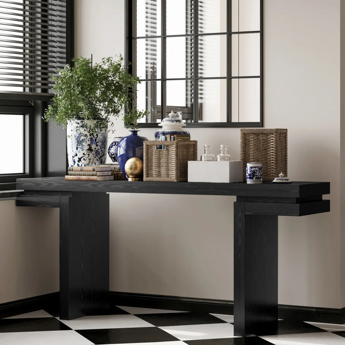 66" Console Table Extra Wide Real Wood Veneered Console Table, Minimalist Sofa Table Behind Couch for Entryway, Hallway, Living Room, Home Office, Black