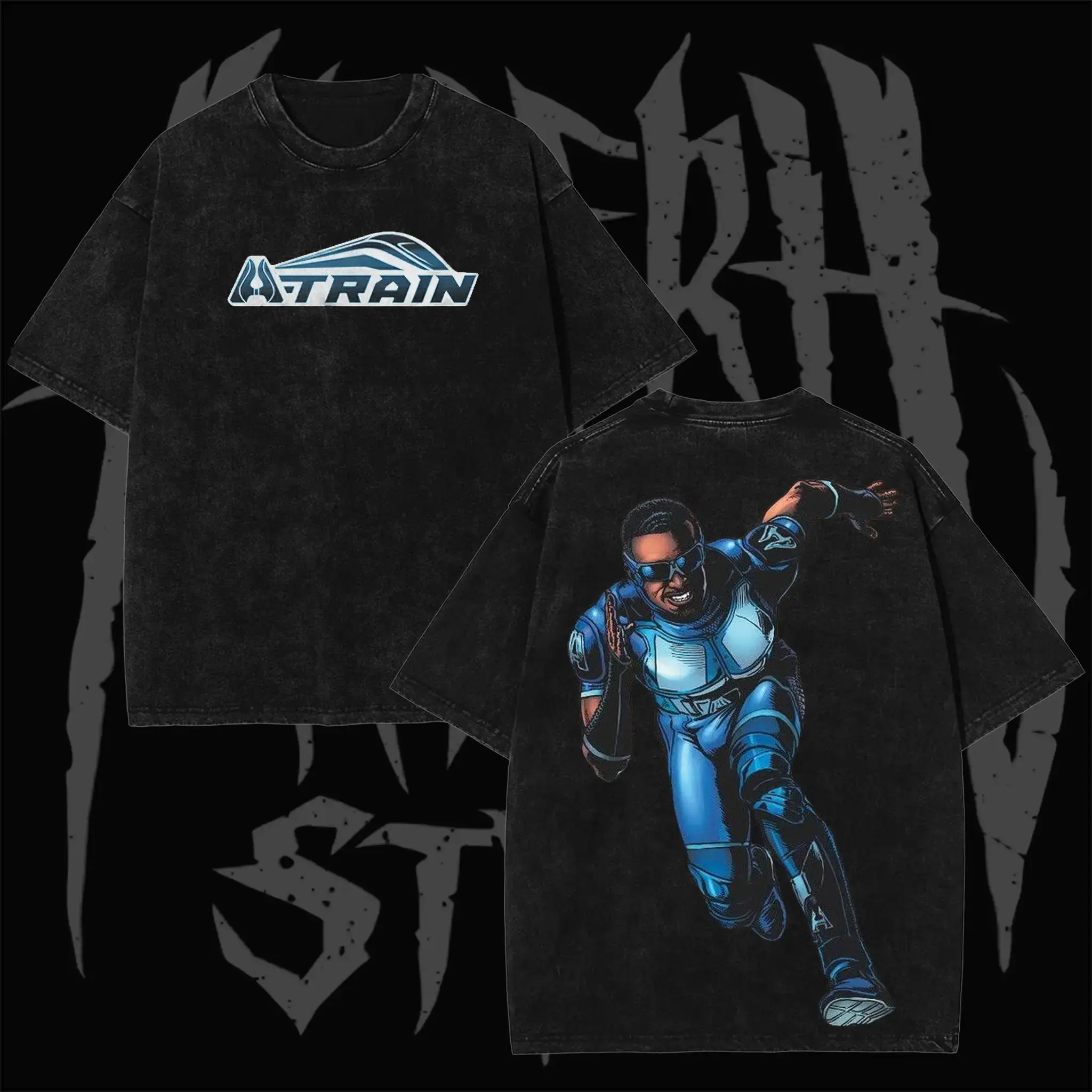 Unisex Oversized Heavyweight Cotton A-Train T-Shirt - Retro Streamlined Sport Graphic, Full Dynamic Running Blue Suit Hero Back Portrait, Vintage Washed Black, Round Neck, Shortsleeve, Seamless Apparel, Relaxed Fit, Ideal Gift for A-Train Fans, Menswear