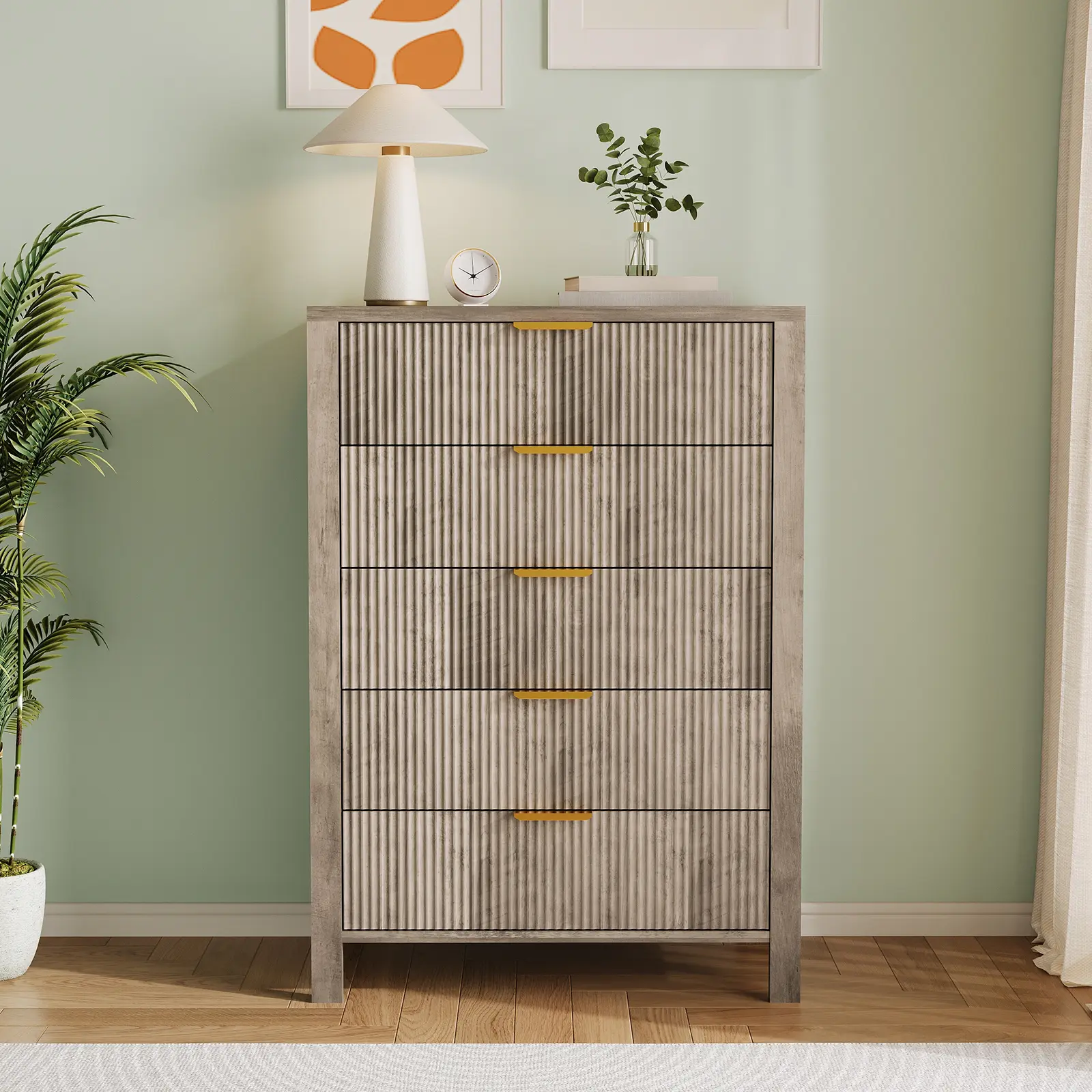 Space-Saving 44" Tall Fluted Narrow Dresser – 5 Drawer Wood Storage Cabinet for Small Bedroom, Narrow Entryway, Living Room, or Hallway – Fits Tight Spaces