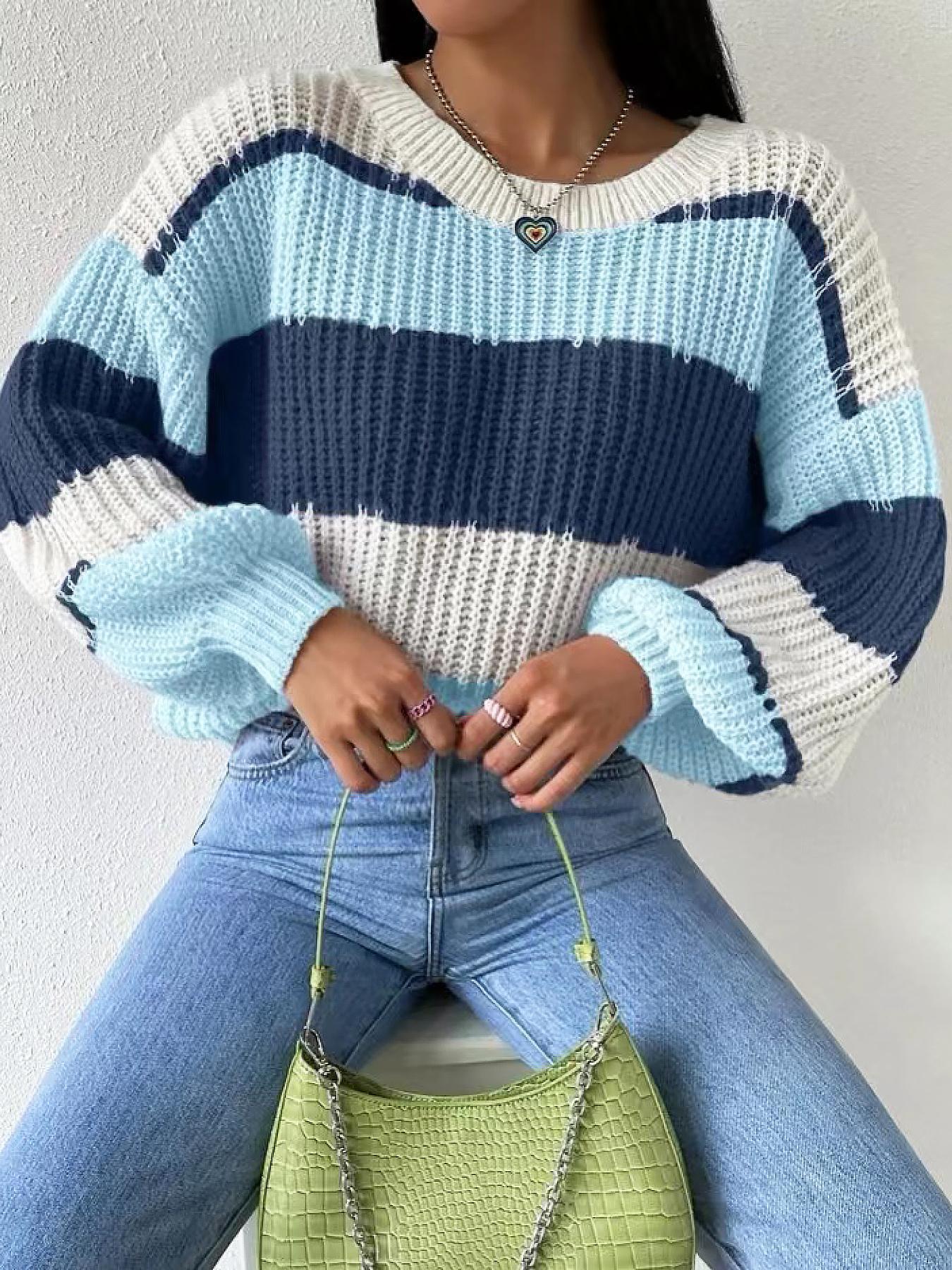 Women's Colorblock Bishop Sleeve Round Neck Sweater Without Necklace, Casual Long Sleeve Jumper for Fall & Winter, Tops, Women's Knitwear for Daily Wear