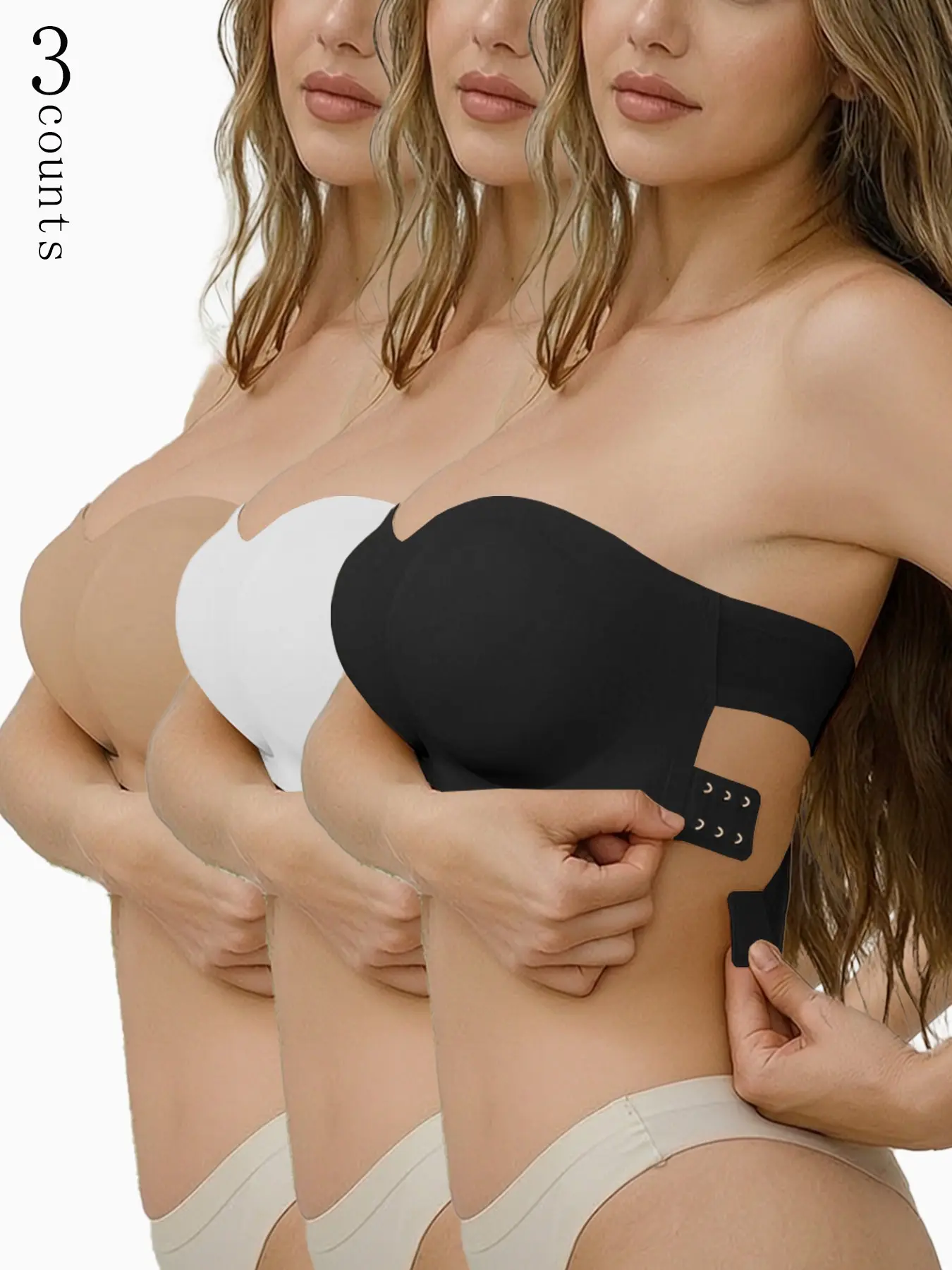 Women's Sexy Strapless Side Buckle Bra, Wireless Push-Up Underwire Free Bra, Small Chest Lifting Bra, Detachable Pads, Elegant Back Design
