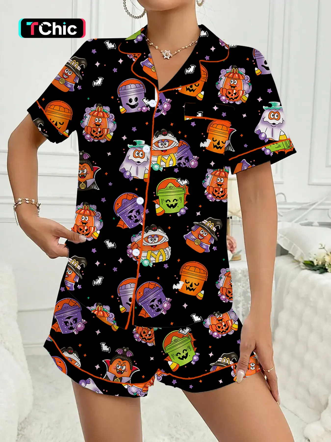 【Halloween】Women's Halloween Print Pajama Set, Casual Comfy Short Sleeve Top & Shorts Set, Ladies Sleepwear for All Seasons, Party Style Loungewear