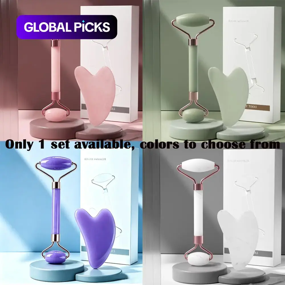 Jade Roller Gua Sha Set, Dual-Head Facial Lifting Roller, Heart-Shaped Gua Sha Pads, Gift Box Included, Home Use Beauty Tool #GLOBAL PICKS