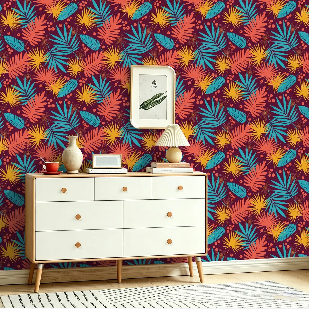 Seamless Peel and Stick Wallpaper, Palm Leaf + Bamboo Pattern, High-Definition Print, Ideal for Home Decor, Bathroom, Restaurant, Bar