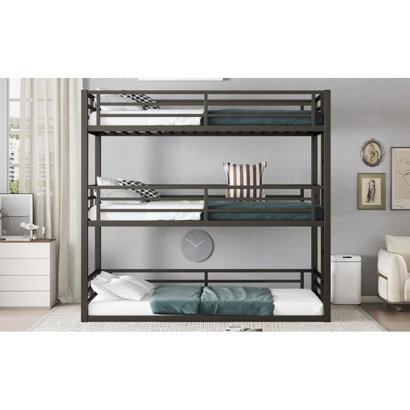 Twin  over Twin  over Twin  Bunk Bed, Metal Triple Bunk Bed with Safety Guardrails, Heavy-duty Bunk Bed with Noise-reduced Design, Black