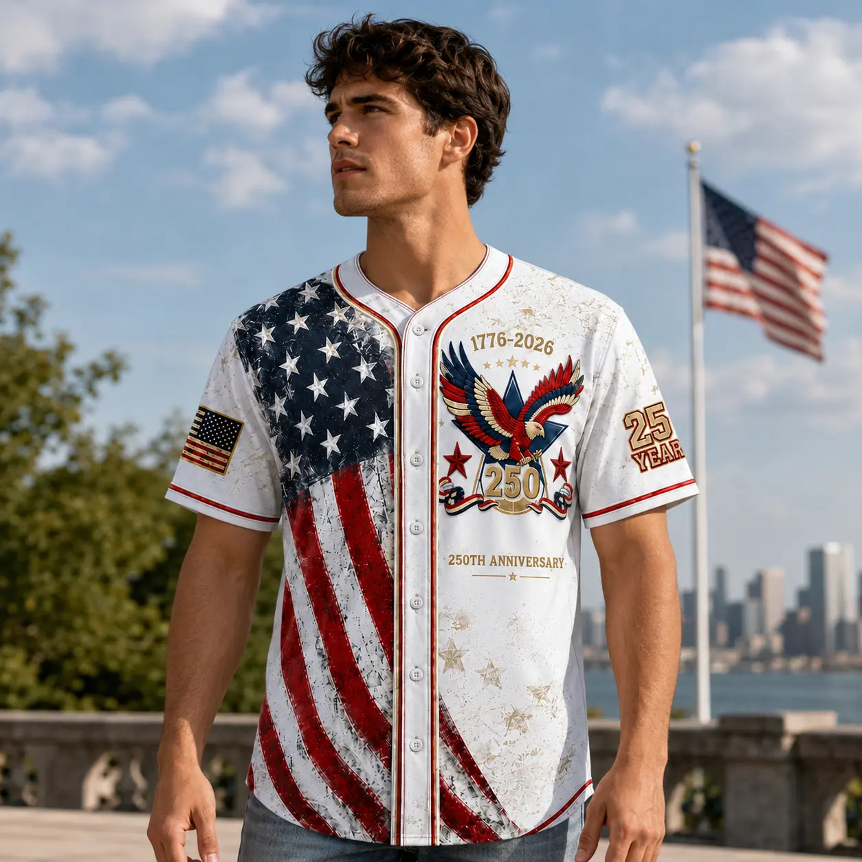 Unisex 250th Anniversary USA Patriotic Button Front Baseball Jersey - Vintage Distressed American Flag Eagle Graphic, Lightweight Relaxed Fit, 4th of July Outfits, Sporty Chic, Veteran Apparel