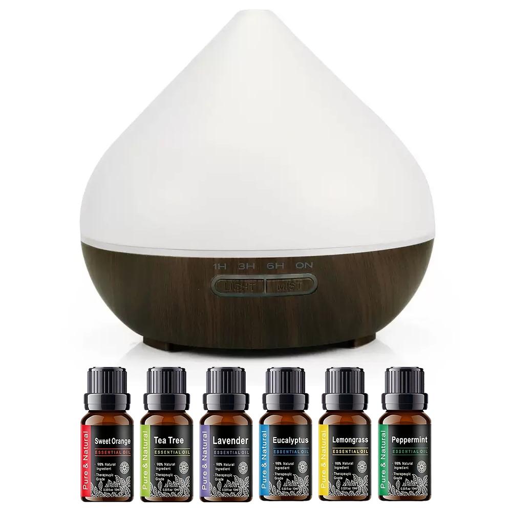 Complete Aromatherapy Set: 500ml Essential Oil Diffuser with Remote, Ultrasonic Humidifier, Color LED Lights & 6 Premium Oils
