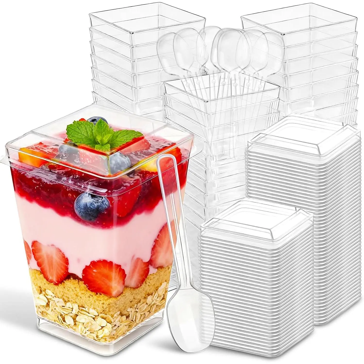 50 Pack 150ml Clear Square Plastic Dessert Cups with Lids & Spoons, Reusable Disposable Mini Serving Bowls for Parfait, Mousse, Yogurt, Jello Shots, Stackable Airtight Portable Containers for Dorm Apartment Meal Prep,  Birthday & Holiday Gatherings