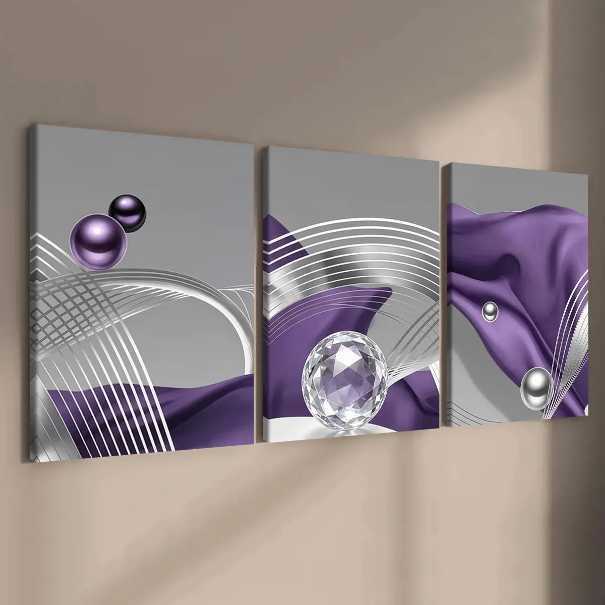3-count wooden frame canvas, abstract design poster with purple silk and silver diamond metal balls, perfect living room decoration, family fashion poster, modern art decoration, suitable for corridor, office, waterproof, gift, Decoration Items