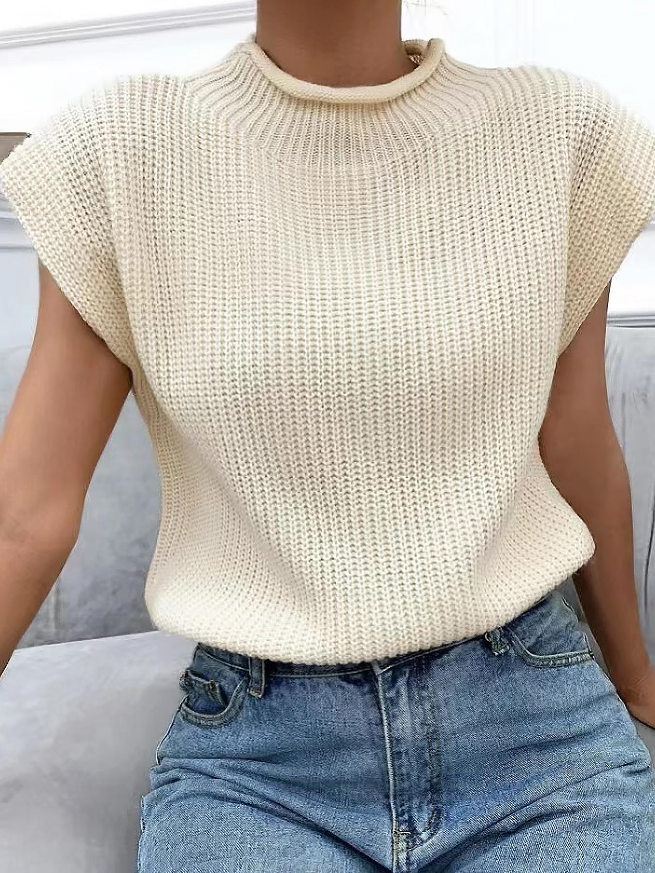 Women's Plain Roll Trim Mock Neck Sweater Vest, Casual Solid Sleeveless Knit Top for Spring & Fall, Women's Knitwear for Daily Wear