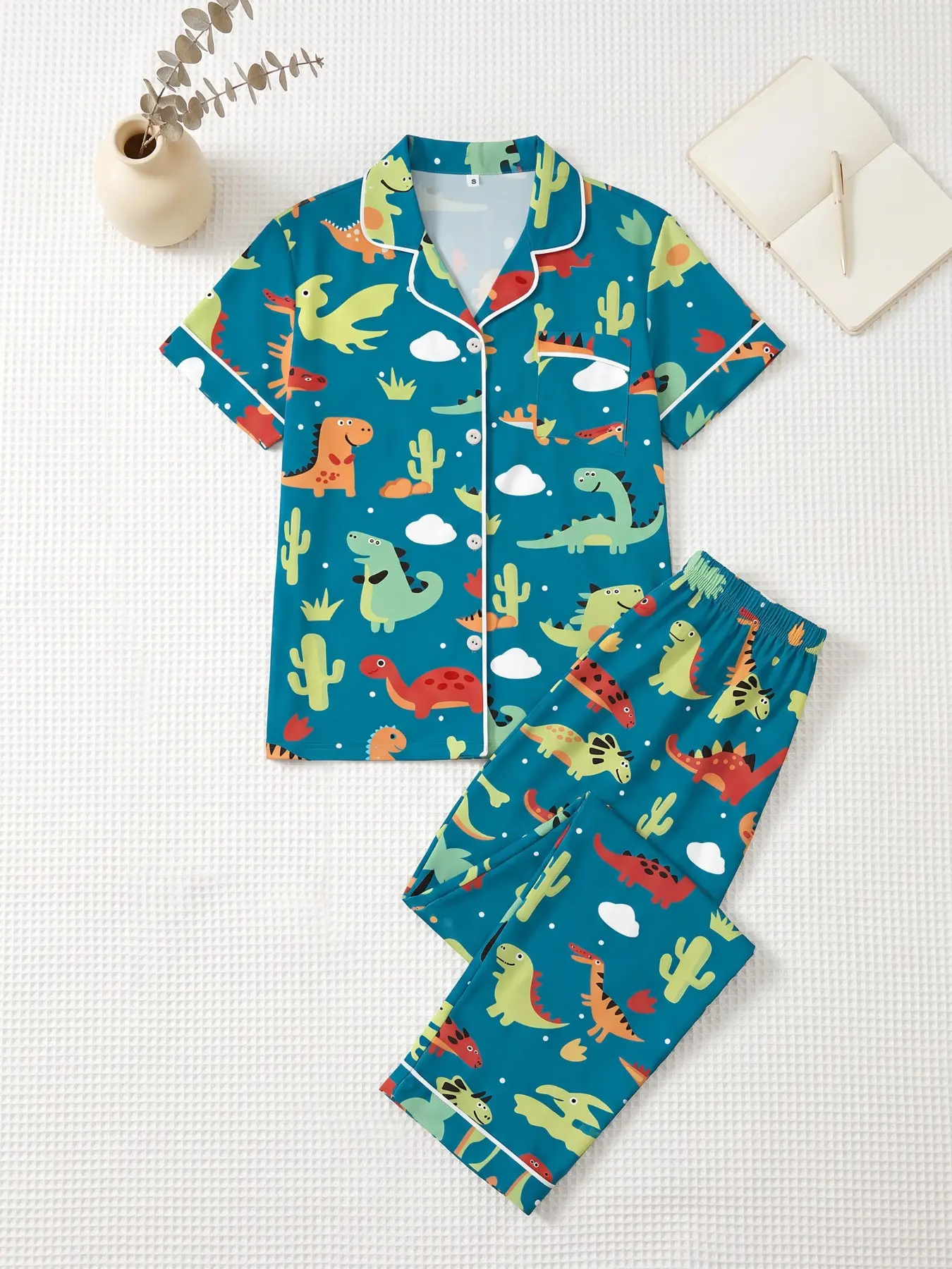Women's 2-Piece Pajama Set, Short Sleeve Button-Up Shirt and Pants, Casual Home Wear, Blue Cartoon Dinosaur Print, All Seasons