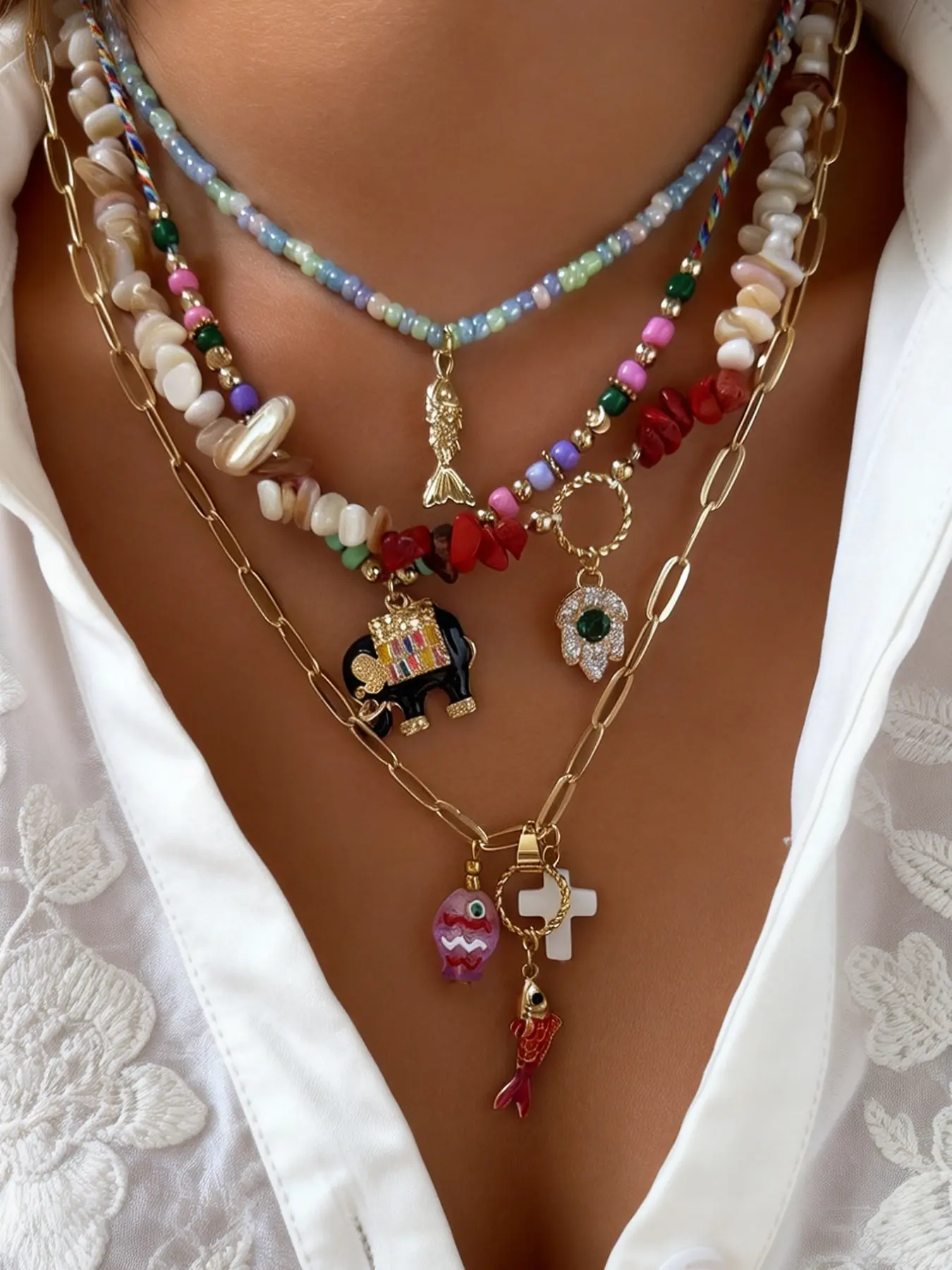 Boho Style Elephant and Fish Pendant Necklace Set, 4 Pcs, Perfect for Women's Daily Wear, Party, and Layering