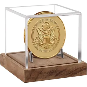 Father's Day Coin Collector Display Gifts for Dad| Clear Acrylic Single Coin Display Cube With Wood Base & Alloy Holder| Dust Proof Transparent Storage Box for Challenge & Souvenir Coin Collections