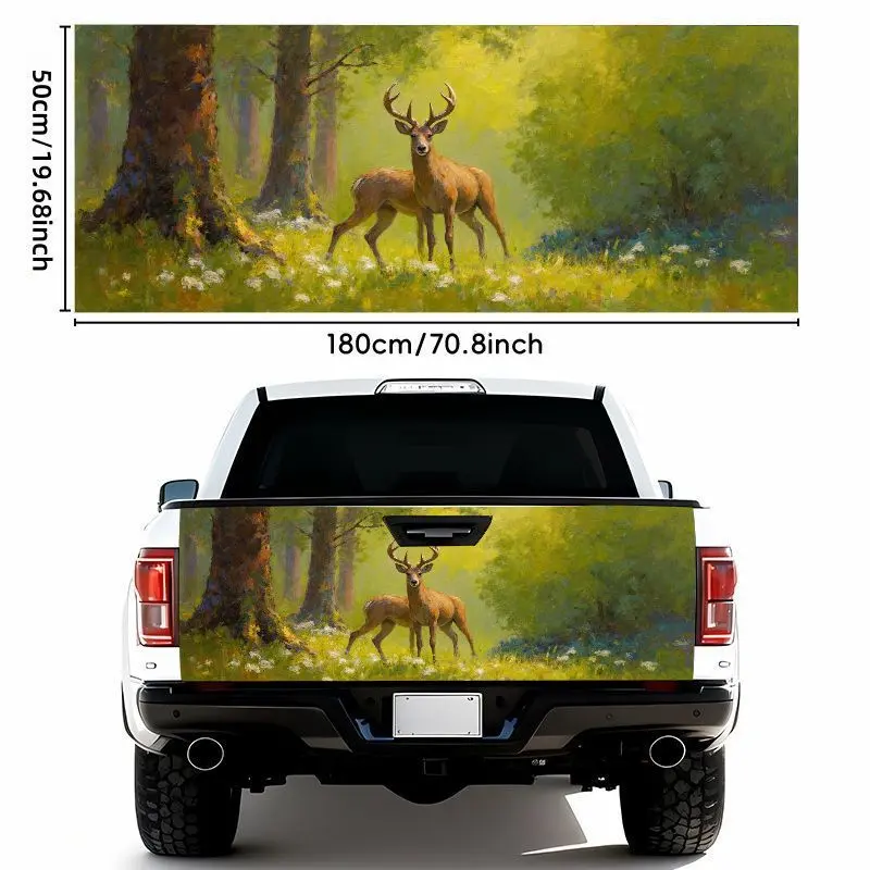 1pc 50*180cm1pcs 2D Car Tail Sticker with Serene Forest Deer Scene - Sunlit Clearing, Large Antlered Deer, Tall Trees, Green Foliage, White Flowers, Golden Light - Waterproof Self-Adhesive Vinyl, Easy to Apply/Remove, Weather Resistant