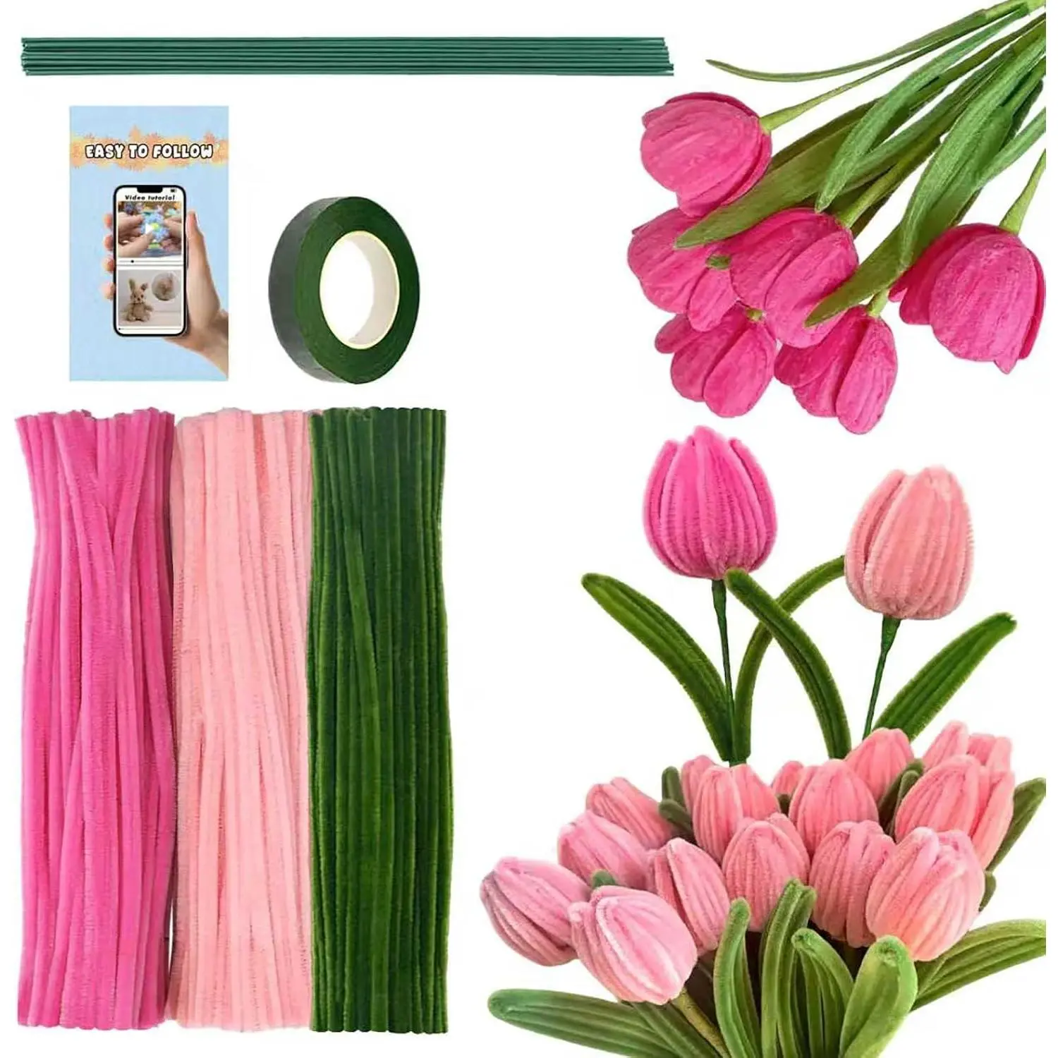 300 count  Pipe Cleaners Flower Kit, Chenille Stems for Craft | 3 Color  Bendable Soft Chenille Stems, Flower Stems & Floral Tape, for DIY Project,Wedding,Floral Holiday Decor