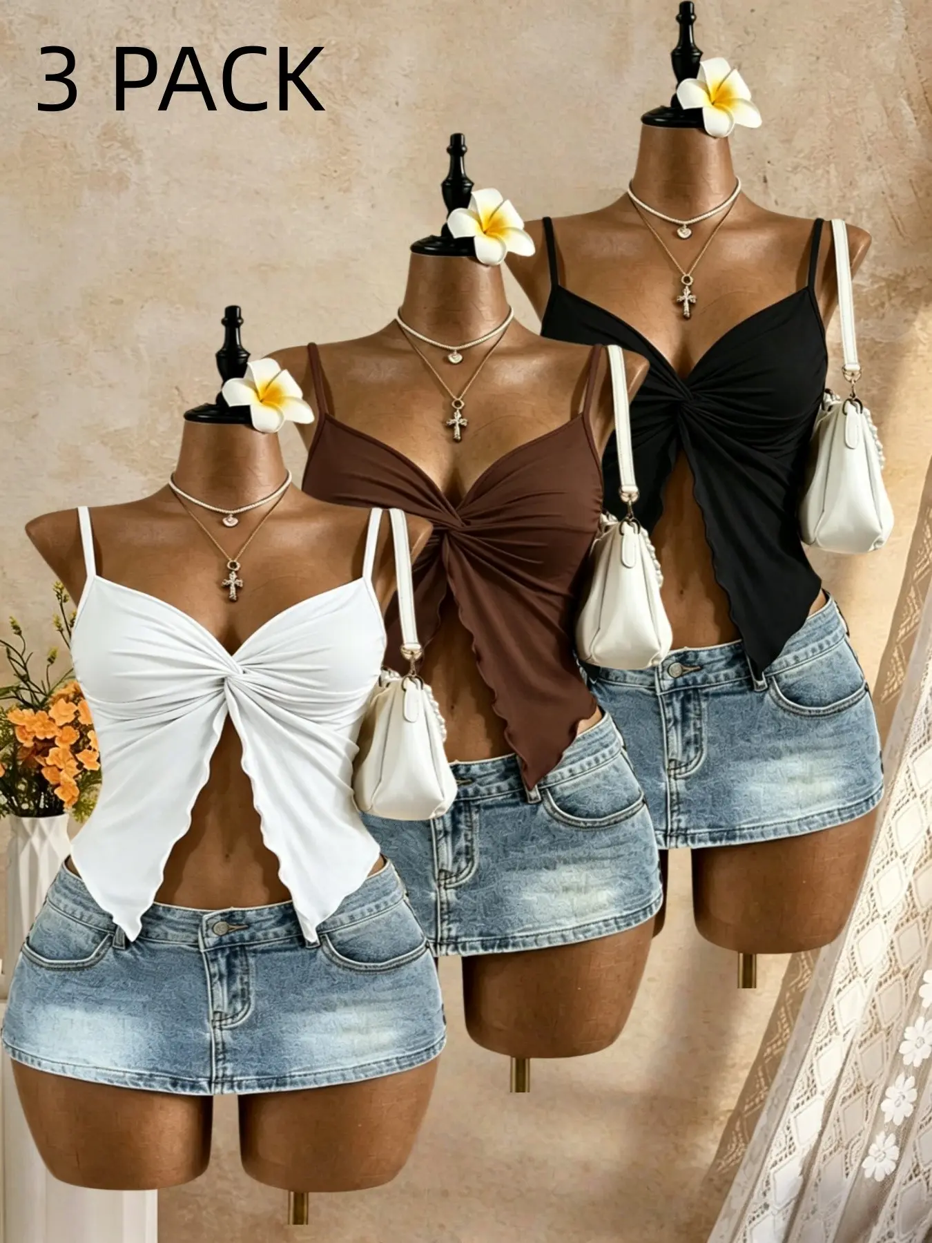【Plus Size 】Women's Butterfly Shape Casual Top Set, Adjustable Straps, Spaghetti Strap, Fitted X-Type, Plain Surface, All Seasons, Unlined, Fitted Tank